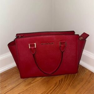Michael Kors Red Medium Saffiano Satchel with Gold Hardware